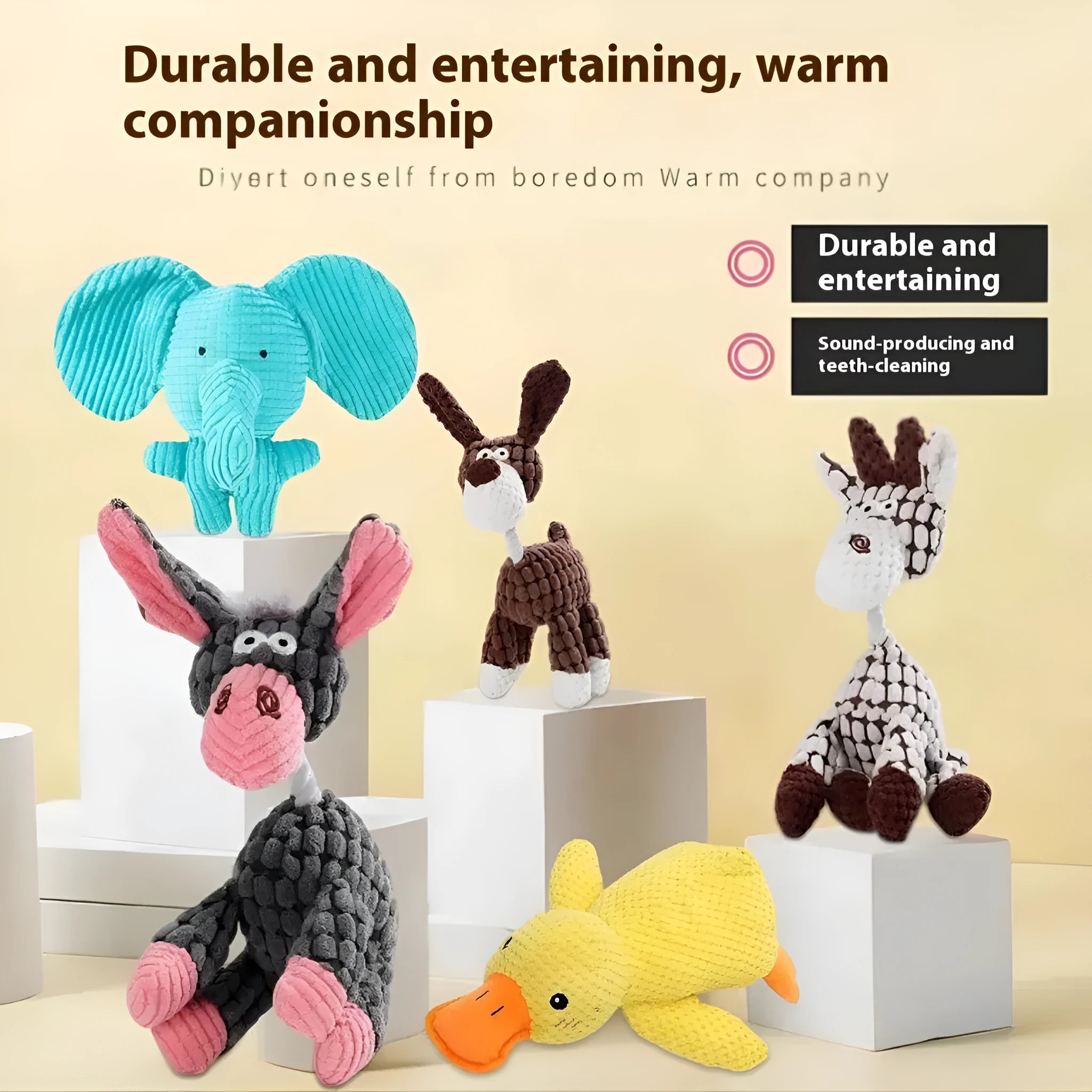 Assortment of plush puppy teething toys including a rechargeable duck, a multi-coloured donkey, an elephant, and a dog.