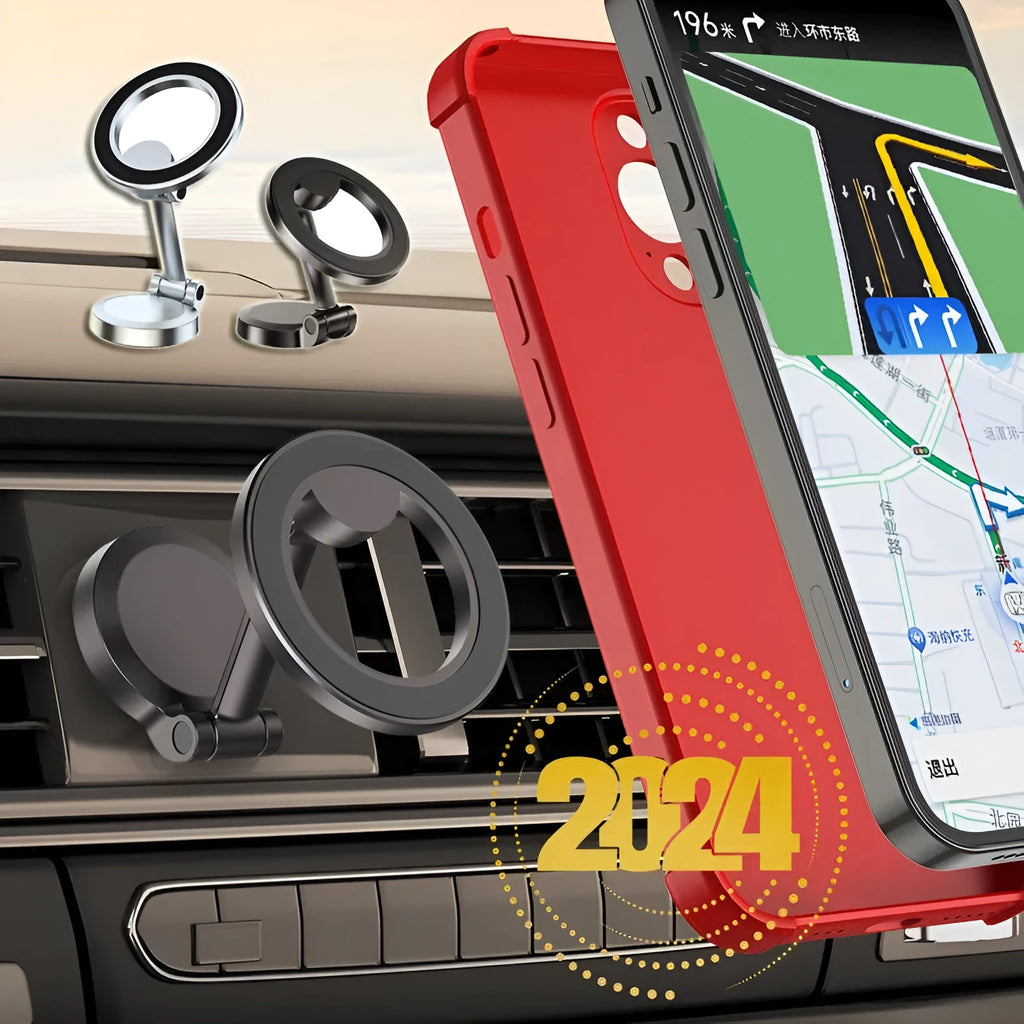 All-metal foldable magnetic car phone mount in Qian colour showing dashboard placement with phone attached
