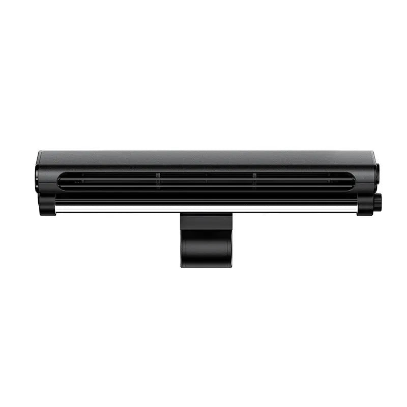 Black bladeless USB fan with clip attached to a laptop screen, showing integrated LED light.