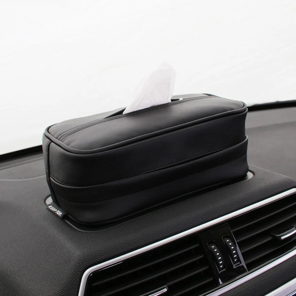 Black PU leather car hanging storage box with adjustable divider shown open.