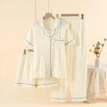 Women's cotton three-piece pajama set in Pastoral Curcuma Aromatica with short-sleeve lapel blouse and trousers.