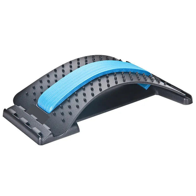 Adjustable back massager stretcher with magnetic therapy points on a black and purple background.