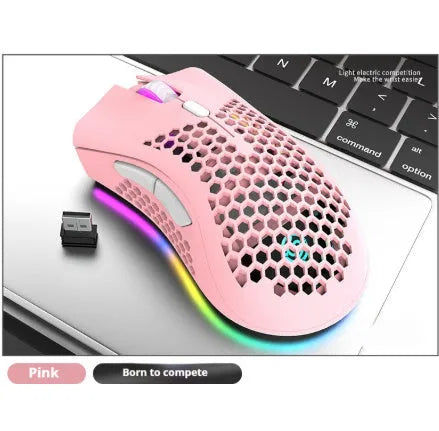 BM600 hollow out honeycomb wireless gaming mouse in black, cyan, or white colour with USB receiver.
