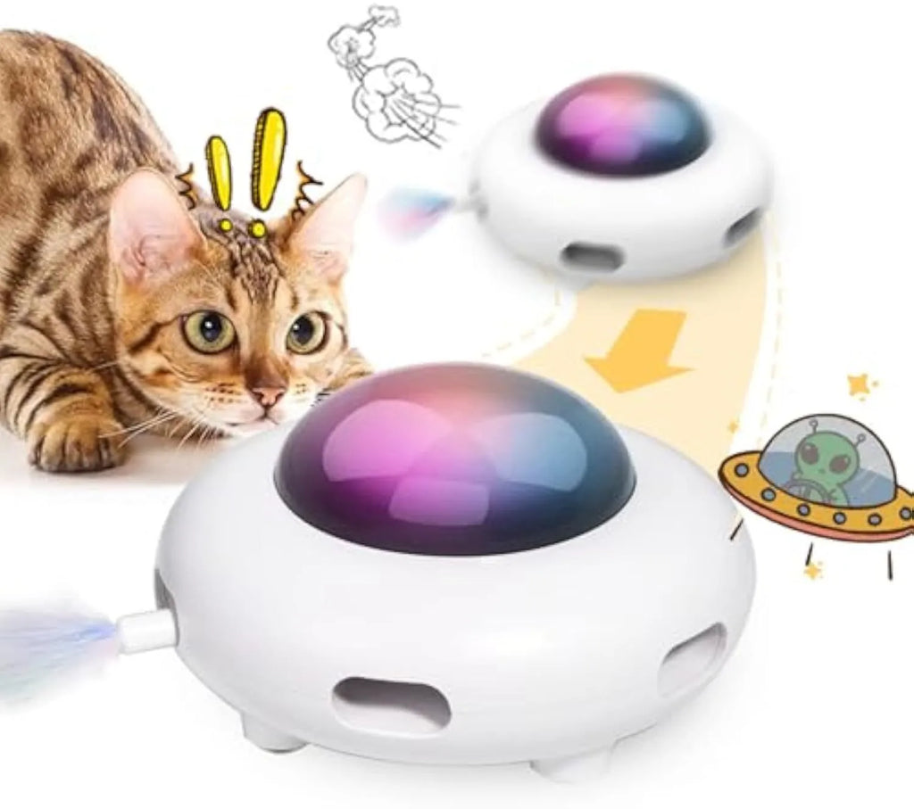 White automatic interactive cat toy with colourful feathers and LED lights on a home floor.