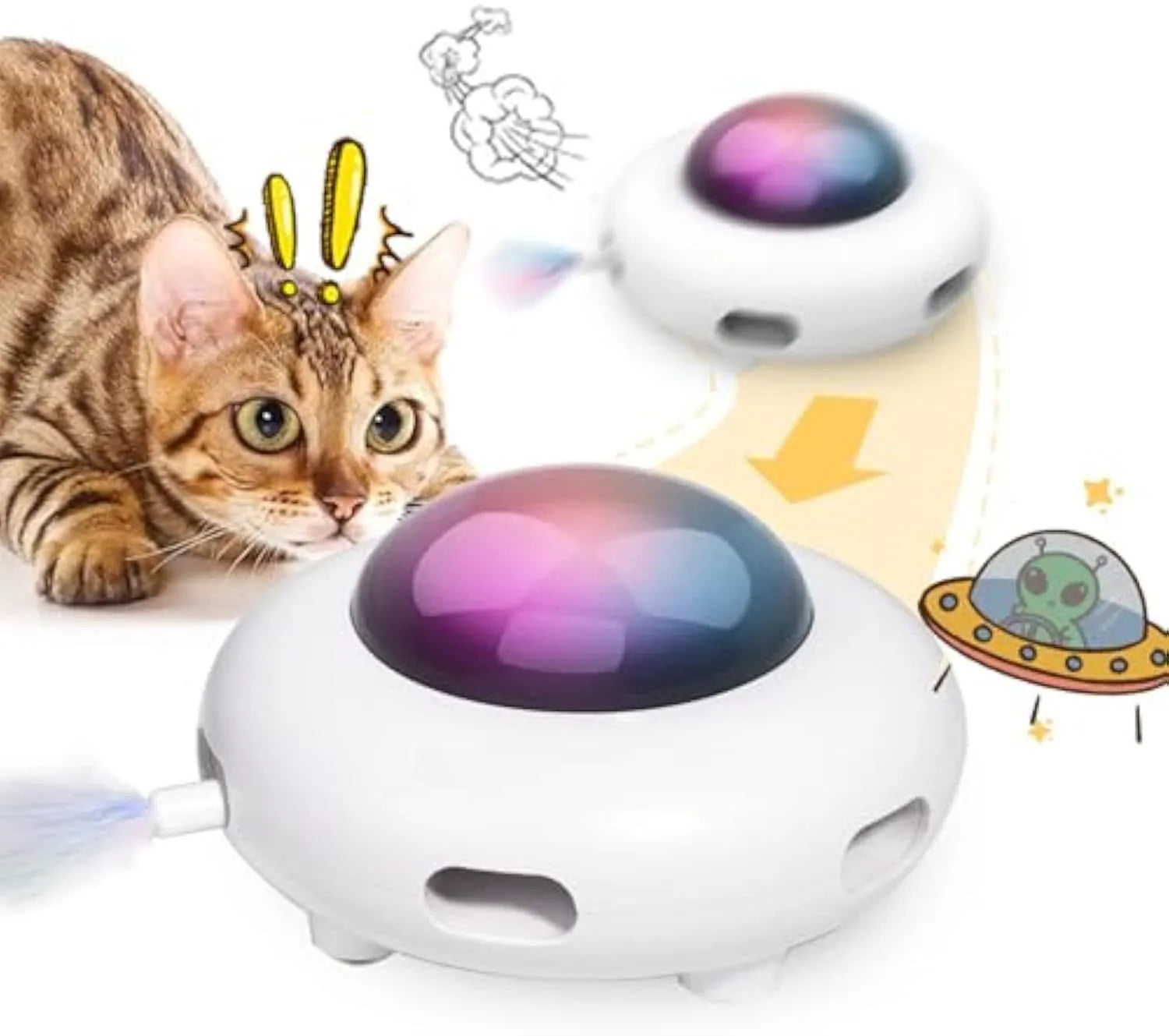 White automatic interactive cat toy with colourful feathers and LED lights on a home floor.