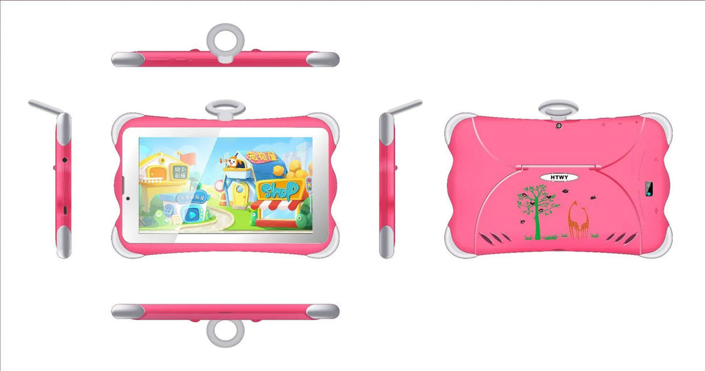 7-inch children's learning tablet with protective stand in cartoon colours showing screen display