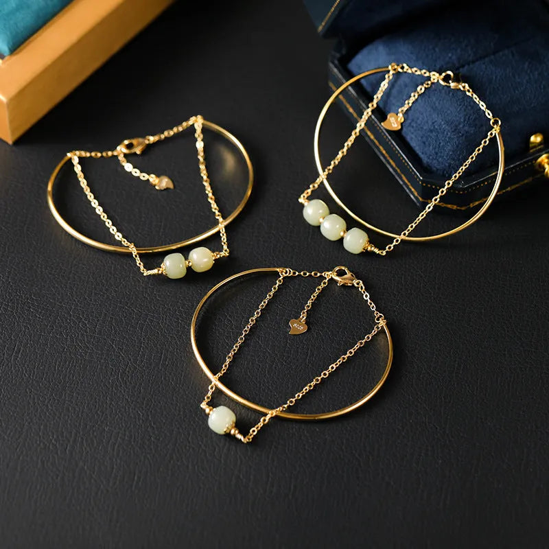 Hetian jade lucky beads bracelet with gold inlay treatment in women's fake two pieces style