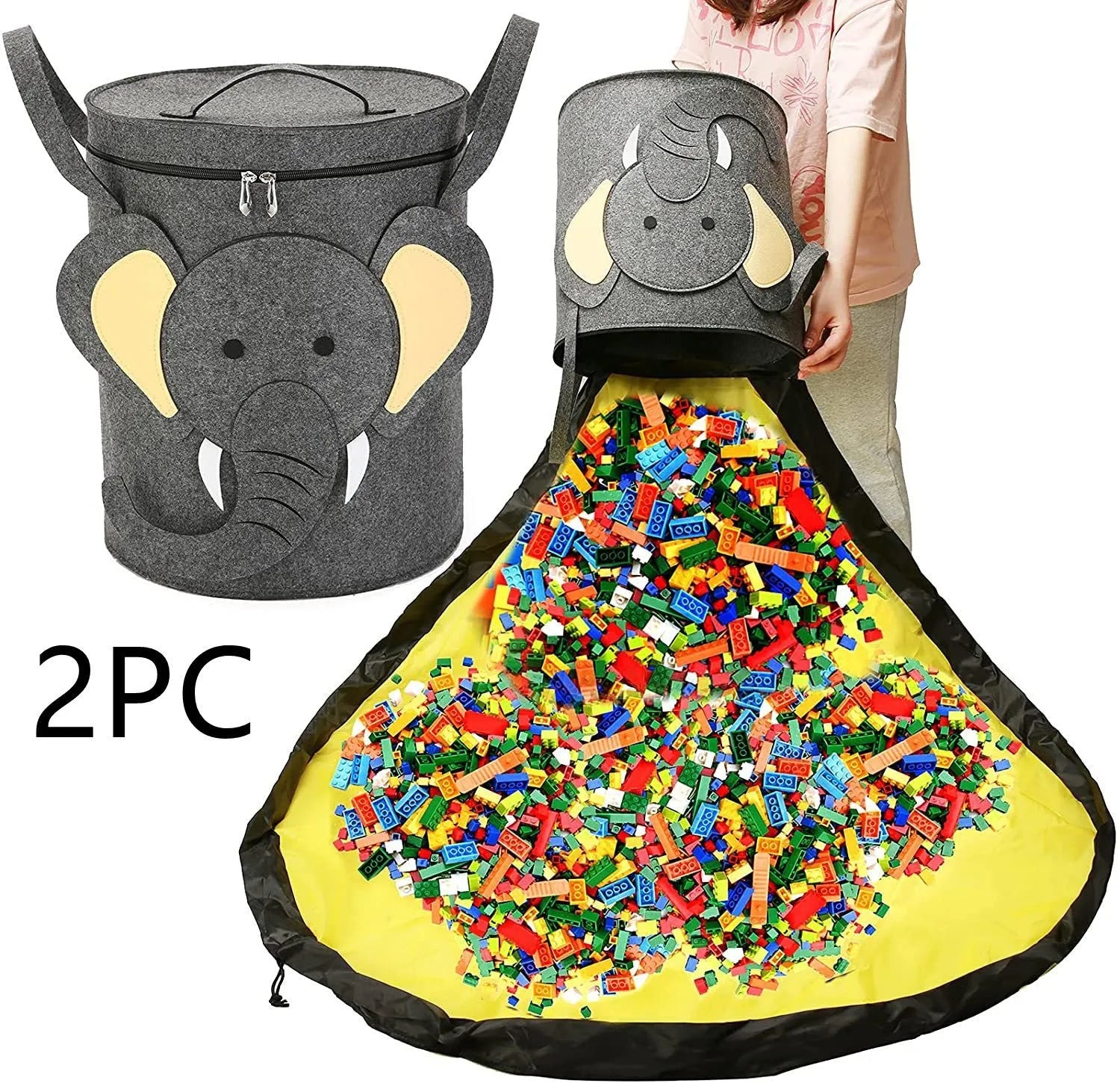 Green felt cube storage bag with pull rope, shown both as a flat play mat and gathered toy bag