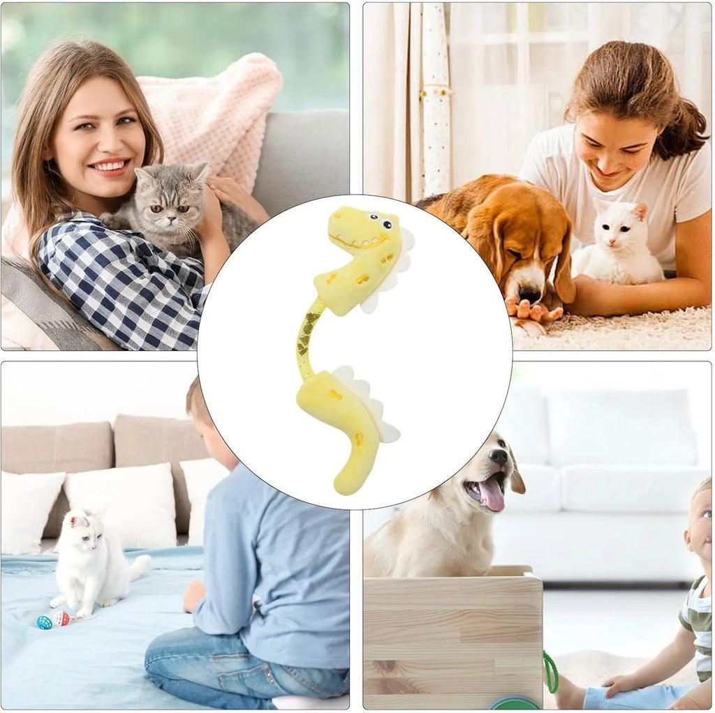 Four interactive cat toys including catnip rope, springs, plush mouse, fish, and bunny on white background