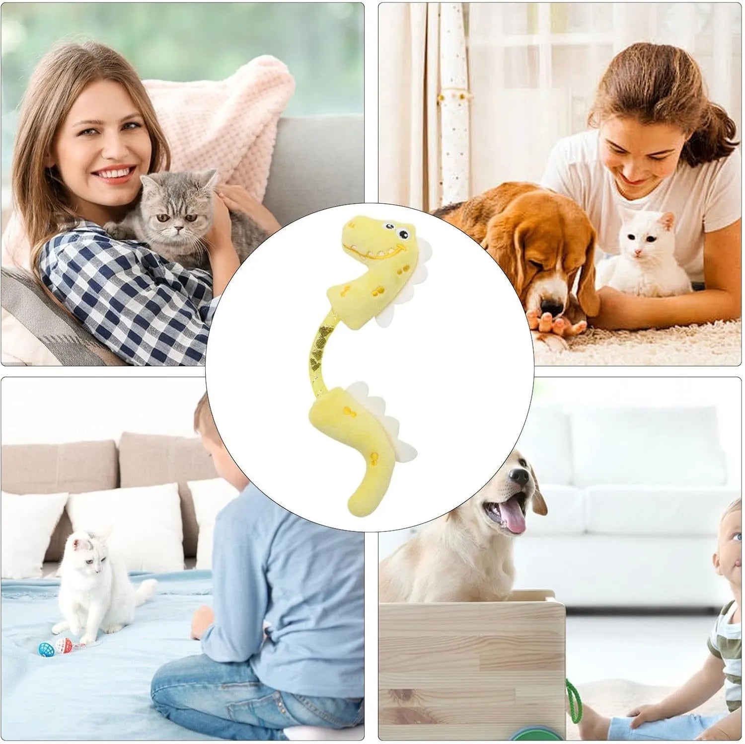 Four interactive cat toys including catnip rope, springs, plush mouse, fish, and bunny on white background