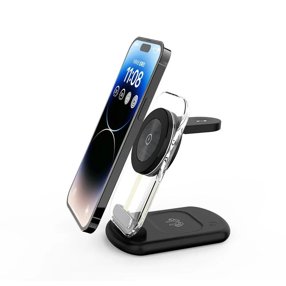 Transparent folding three-in-one magnetic wireless charger in black or white colour, showing fast charge QC3.0 support.