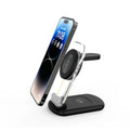 Transparent folding three-in-one magnetic wireless charger in black or white colour, showing fast charge QC3.0 support.