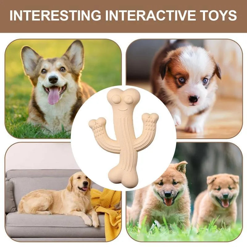 Cactus-shaped dog chew toy in beige, blue, or purple, made from bamboo fibre and rubber.