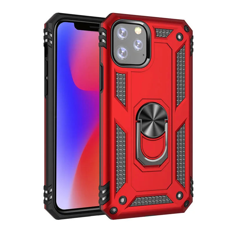 Shockproof bracket ring phone case in black for iPhone 14 Pro with built-in kickstand and magnetic ring