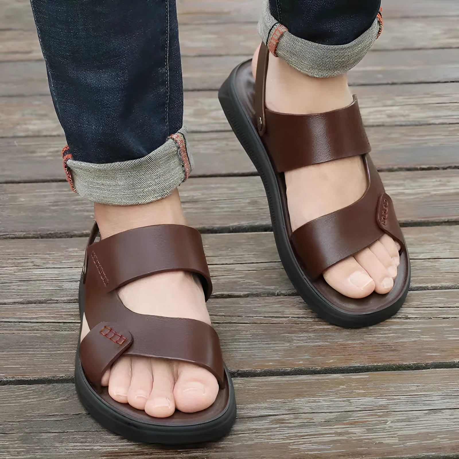 Men's brown and black waterproof casual sandals with plastic upper, shown in sizes 39 to 45.