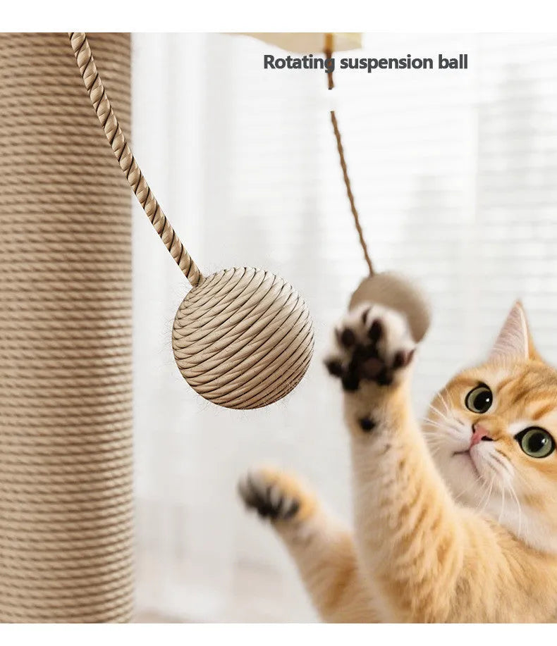 Simple style cat climbing frame with a hanging ball toy, made from pine wood and carpet leather.