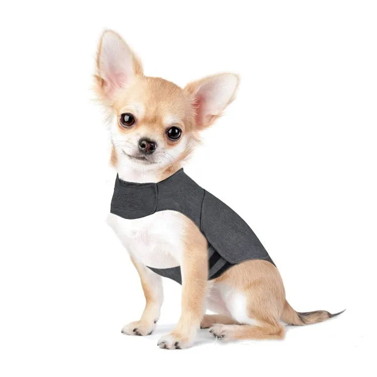 Heather grey dog anxiety vest in brocade cotton fabric on a medium-sized dog.