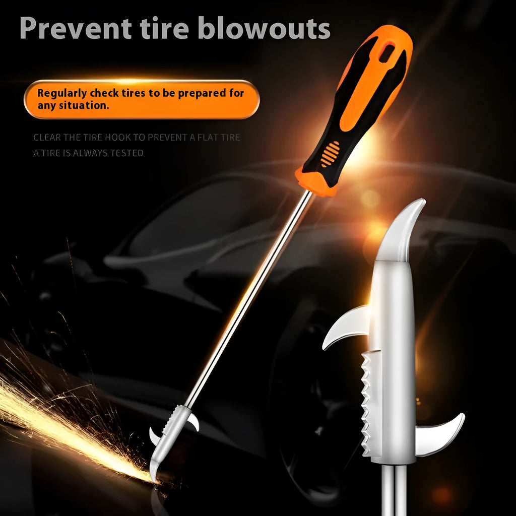 Black and yellow stone cleaning hook tool with stainless steel hook head for removing debris from tyre treads