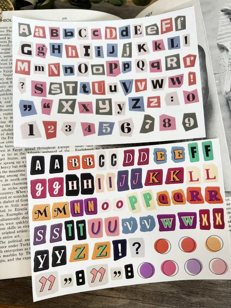 English letters and numbers symbol label sticker sheets showing alphabet sets and week words for decoration
