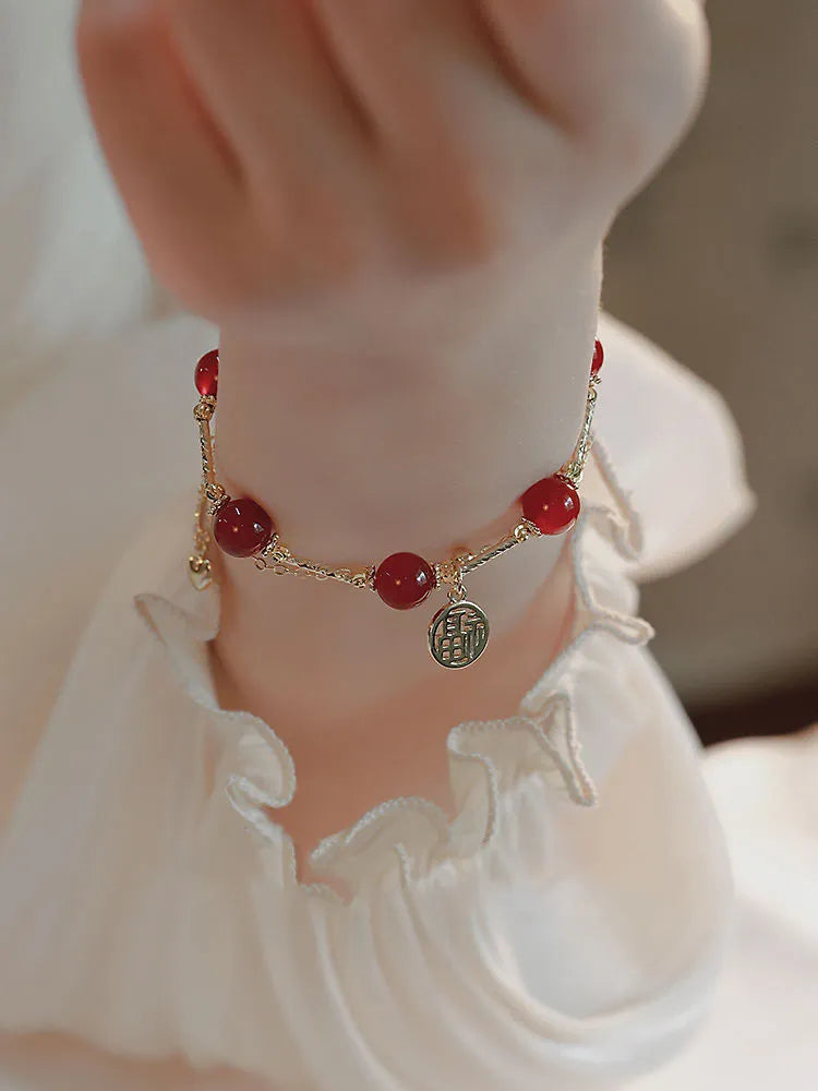 Red agate and alloy double-layer bracelet with red horse blessing card motif and chamfered square pattern details