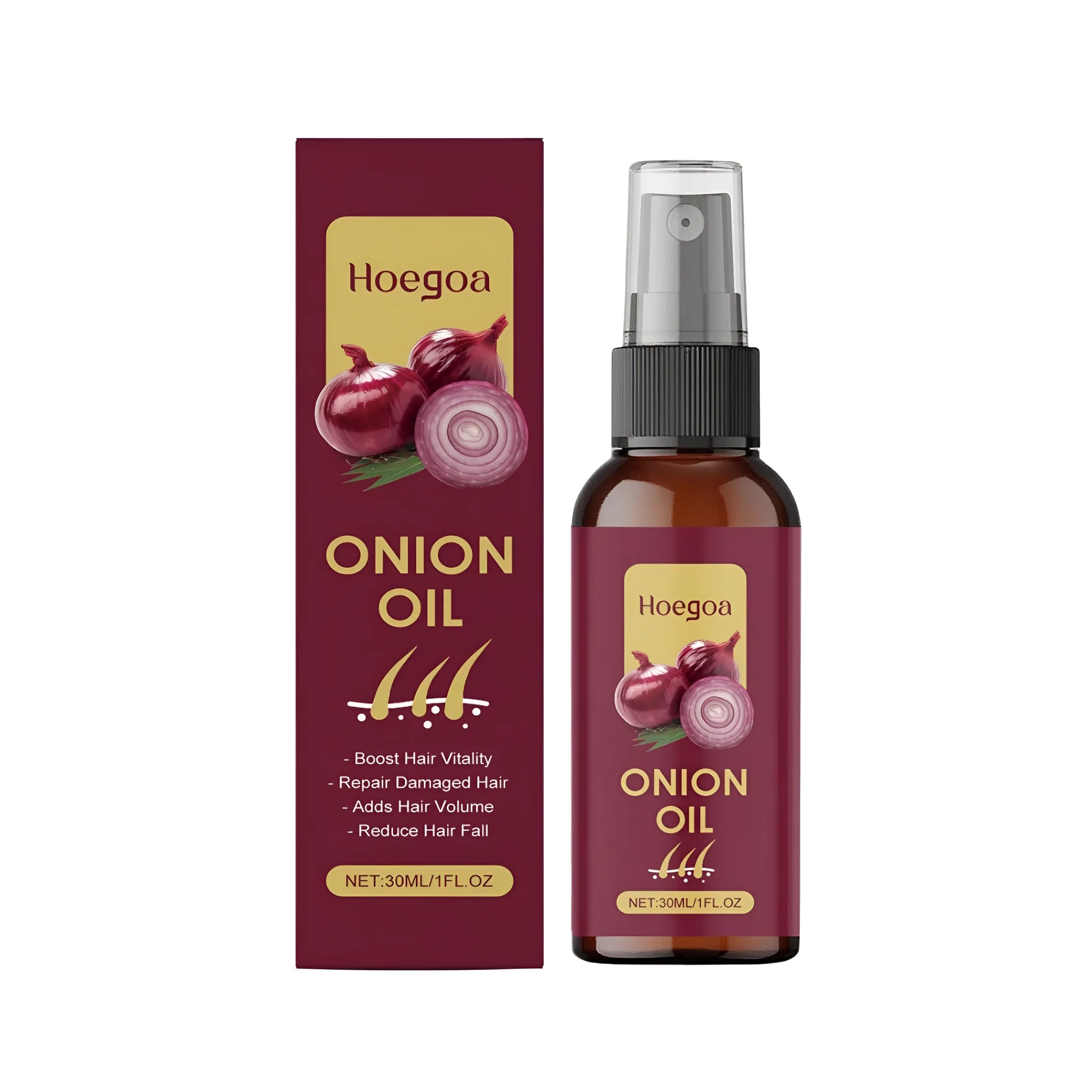 30ml bottle of Onion Hair Care Oil with ginger and rosemary for scalp treatment.