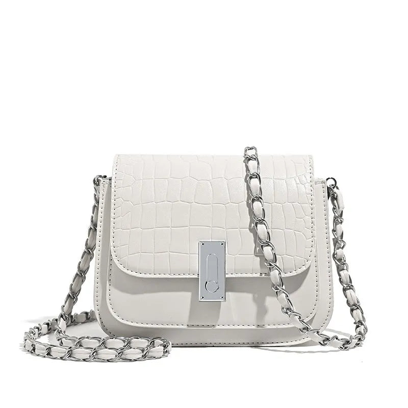 A soft black PU leather women's chain shoulder bag with a square shape and sandwich pocket design.