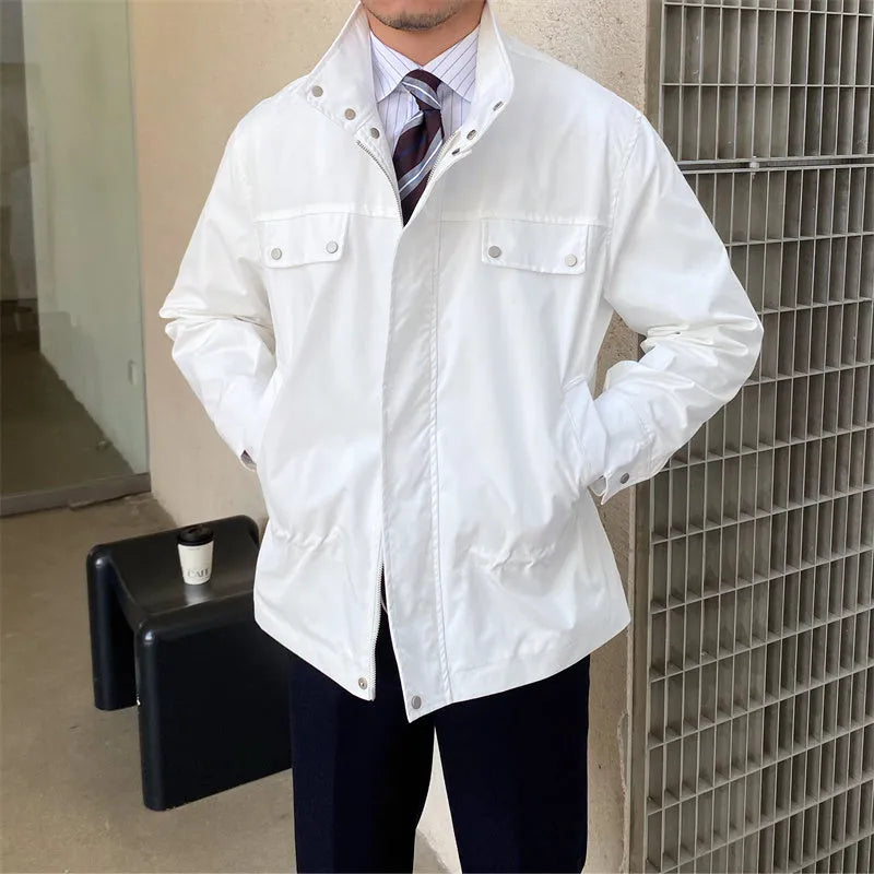 Men's stand collar fine plaid jacket in white with zipper front, slightly wide fit, polyester fabric