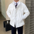 Men's stand collar fine plaid jacket in white with zipper front, slightly wide fit, polyester fabric