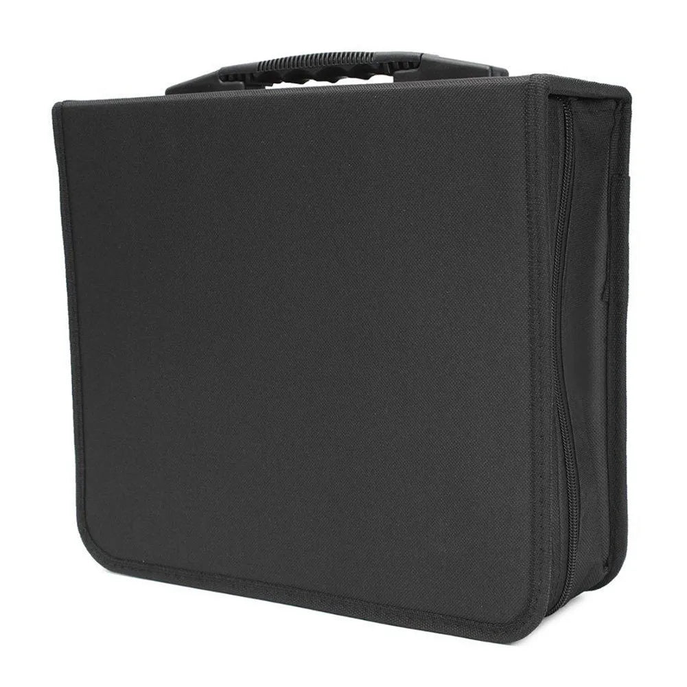 Black Oxford cloth CD DVD storage binder with zipper and top carry strap
