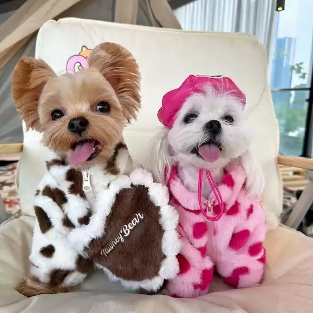 Polyester plush warm coat for small dogs in pink and brown colours with size tags from XS to 2XL