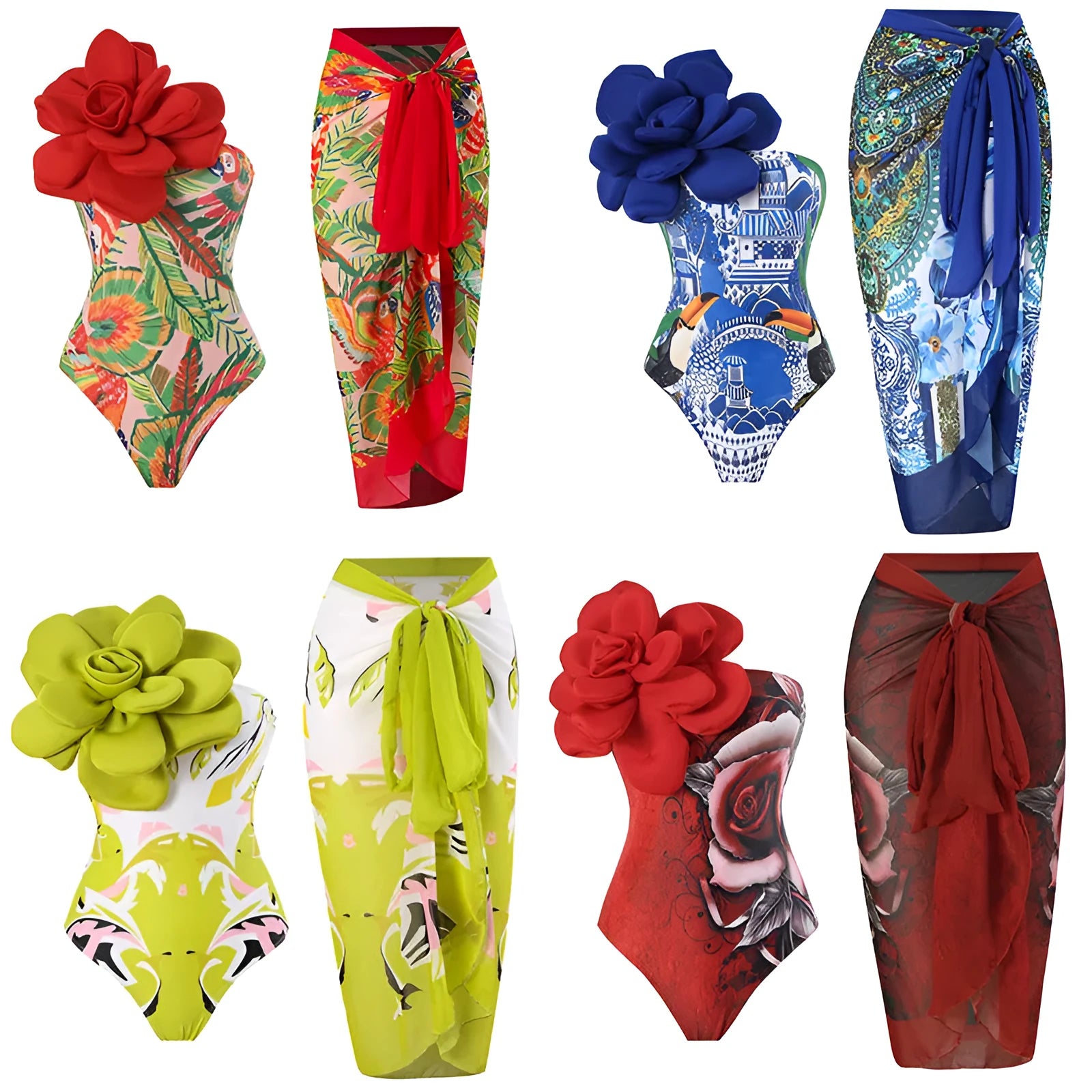 Women's fairy print one-piece swimsuit with long gauze skirt in blue, red, yellow green designs