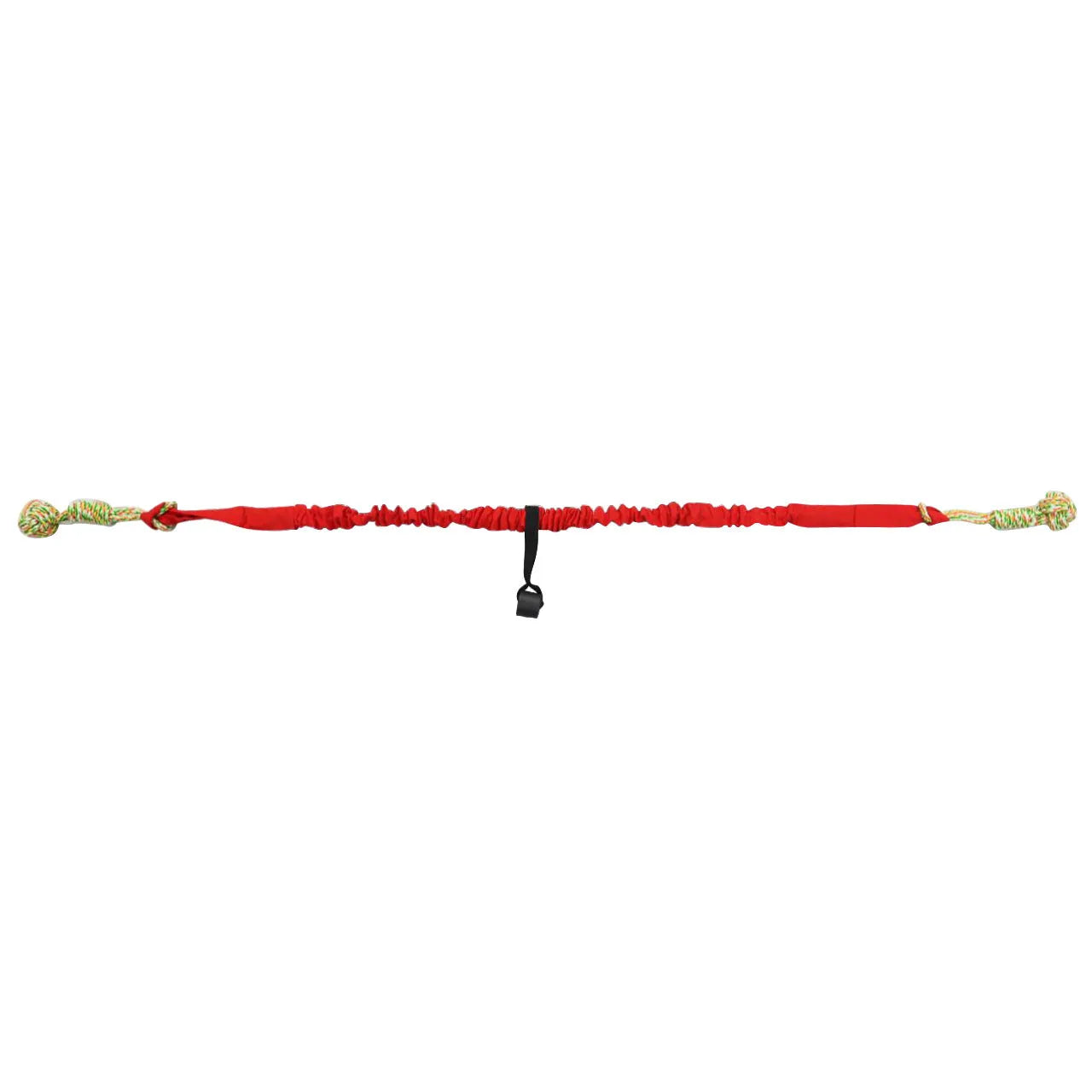 A long, woven cotton rope dog tug toy shown in a choice of black, grey, or red.