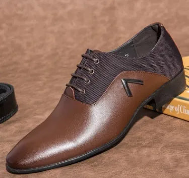 Men's black Oxford shoes with a low-profile artificial PU upper and rubber sole on a size chart.