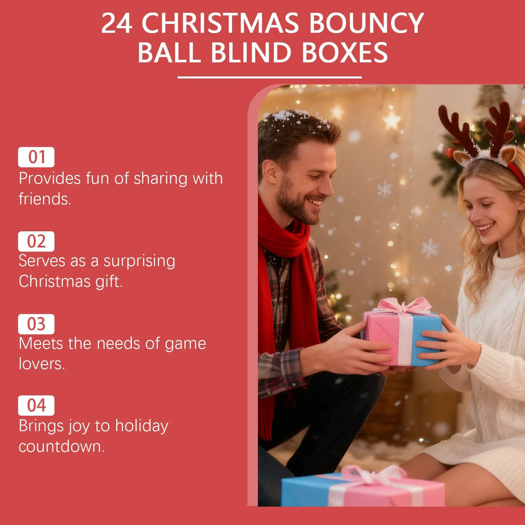 24 Christmas bouncy ball blind boxes in assorted festive designs, packaged in individual sealed boxes.