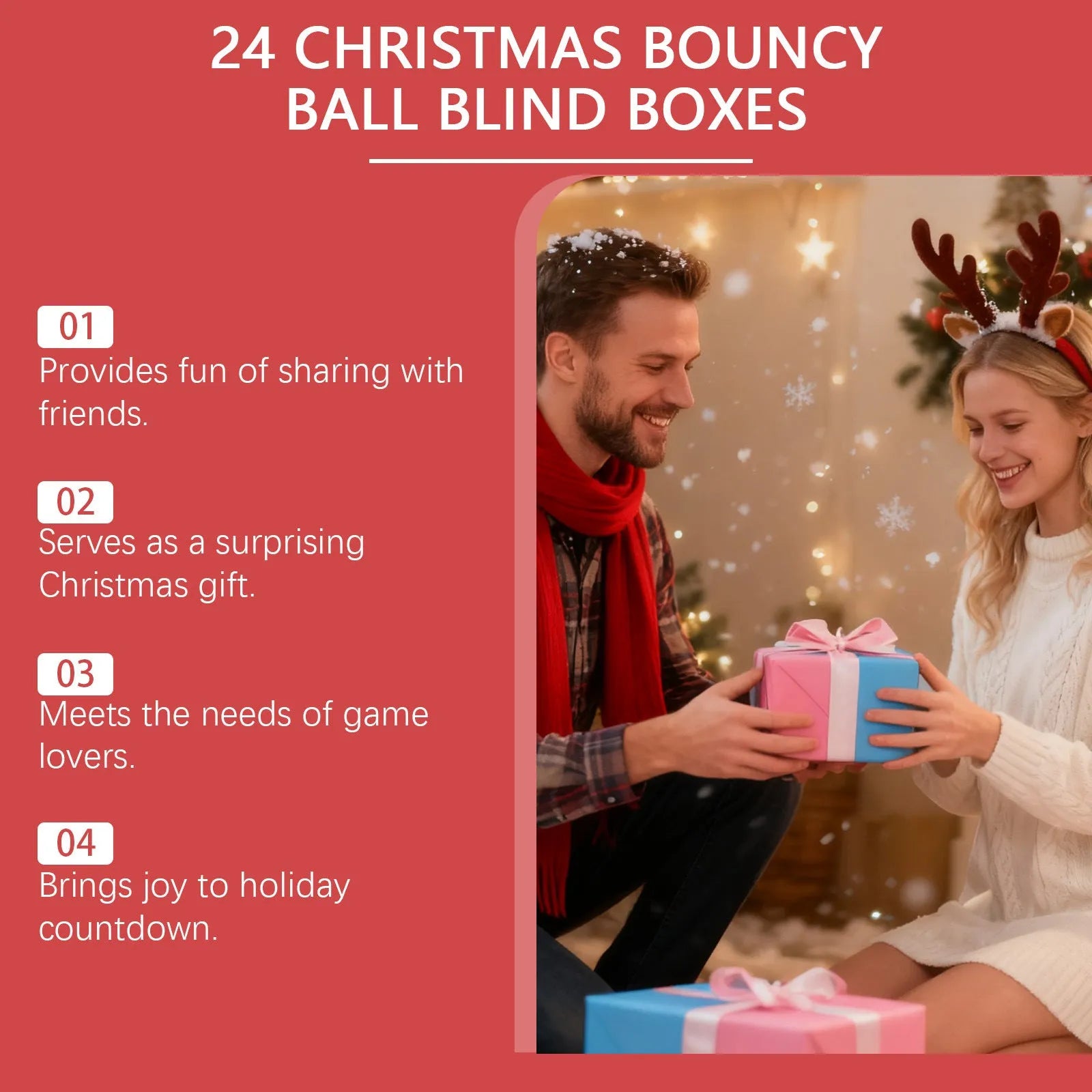24 Christmas bouncy ball blind boxes in assorted festive designs, packaged in individual sealed boxes.