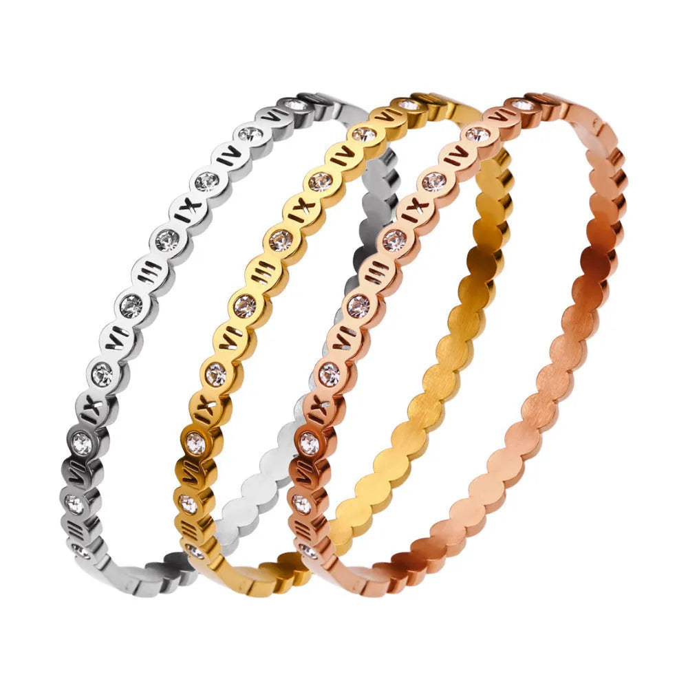 Korean style titanium steel bracelet with electroplated gold rose gold or steel finish and number charms