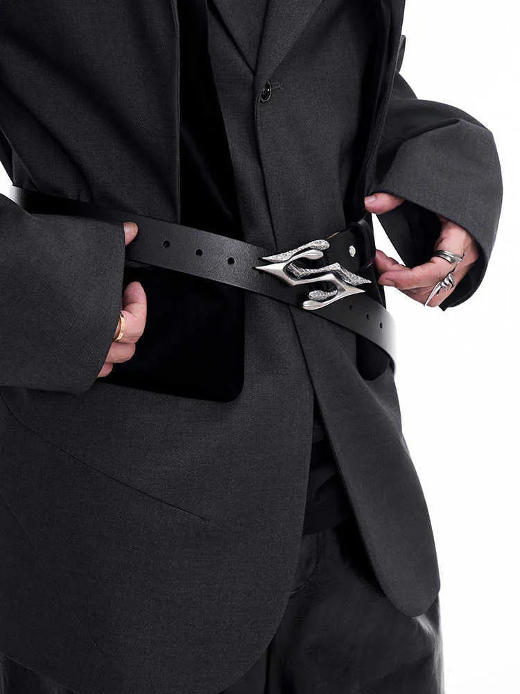Black men's two-layer cowhide leather belt with metal buckle, shown flat at 110cm length.