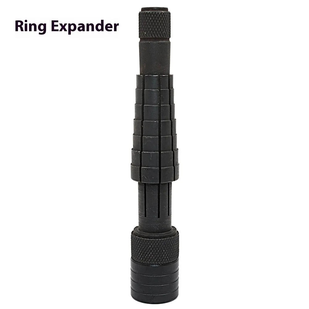 Black and silver ring expansion tool with base expander and rubber hammer for jewellery repair