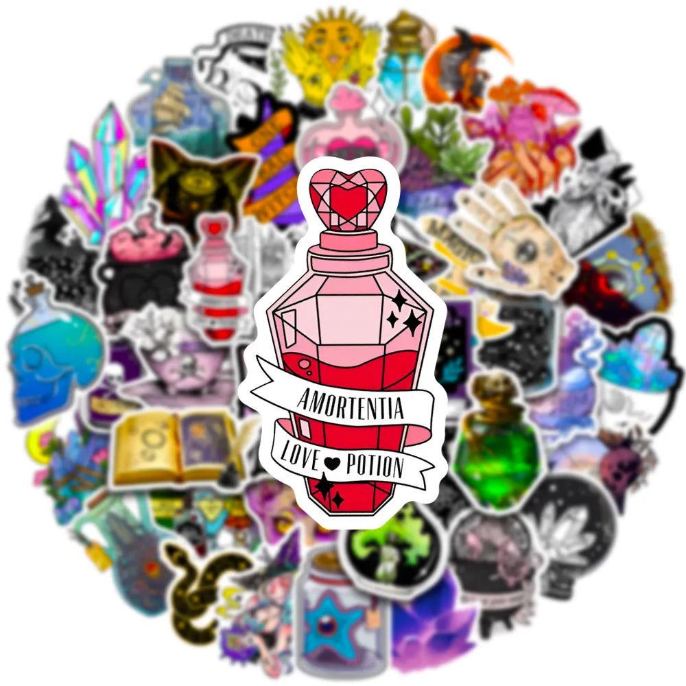 50 piece PVC waterproof luggage stickers in various sizes from 3cm to 8cm with glossy finish