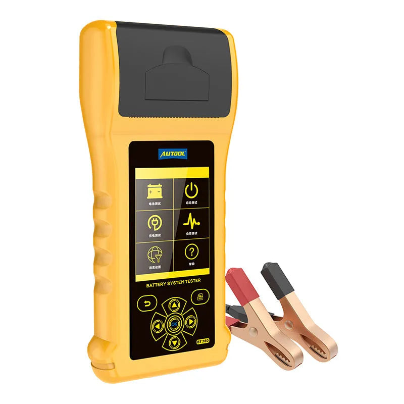 Autool BT760 digital battery tester with colour screen, thermal printer, and red and black battery clips.