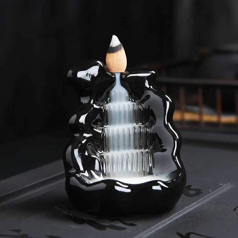 Ceramic backflow incense burner with tree ornament in green, mangrove, pink or white