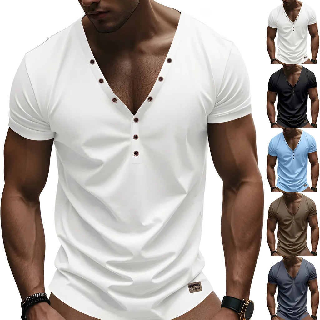 Men's loose fit V-neck pullover top with button detail in a light blue colour