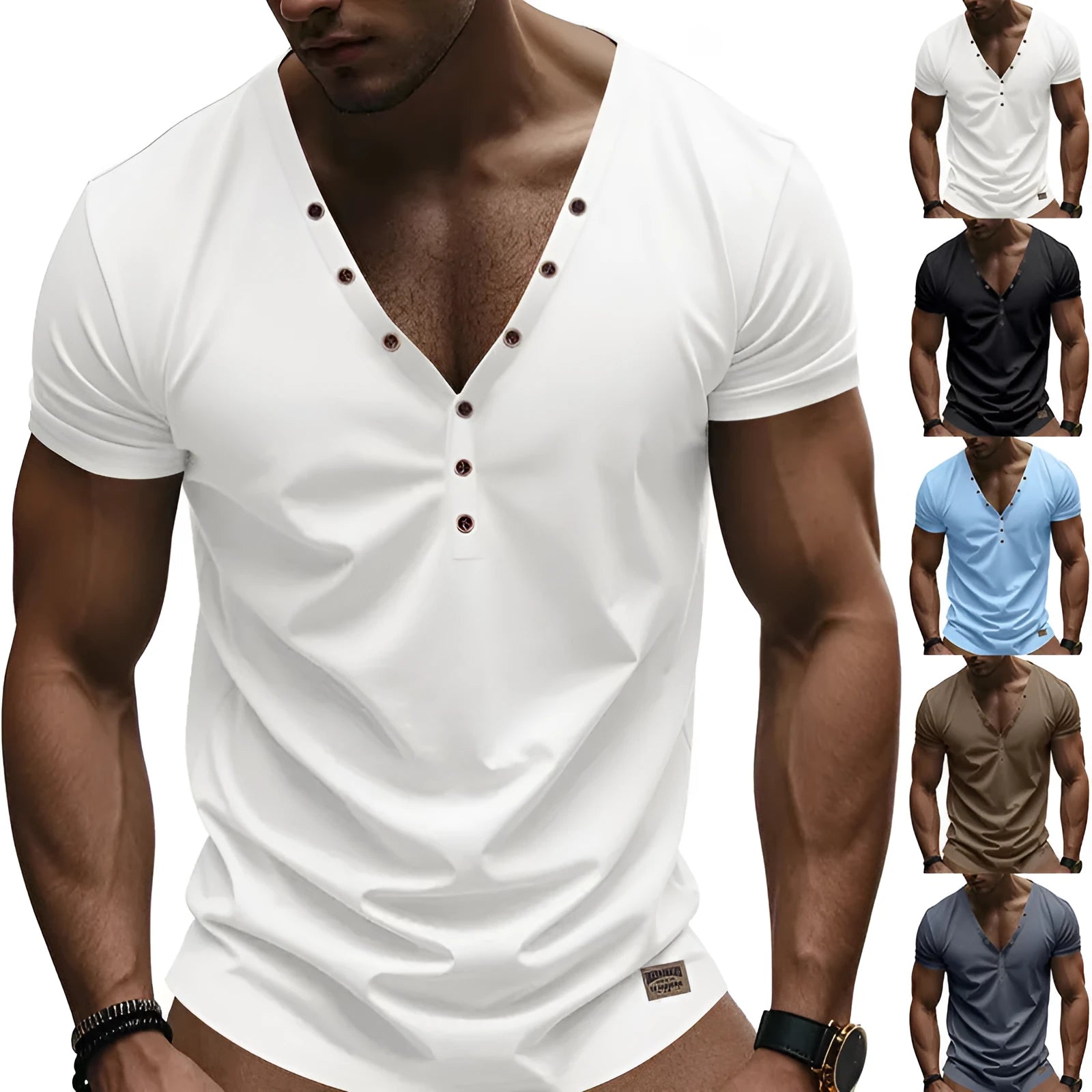 Men's loose fit V-neck pullover top with button detail in a light blue colour