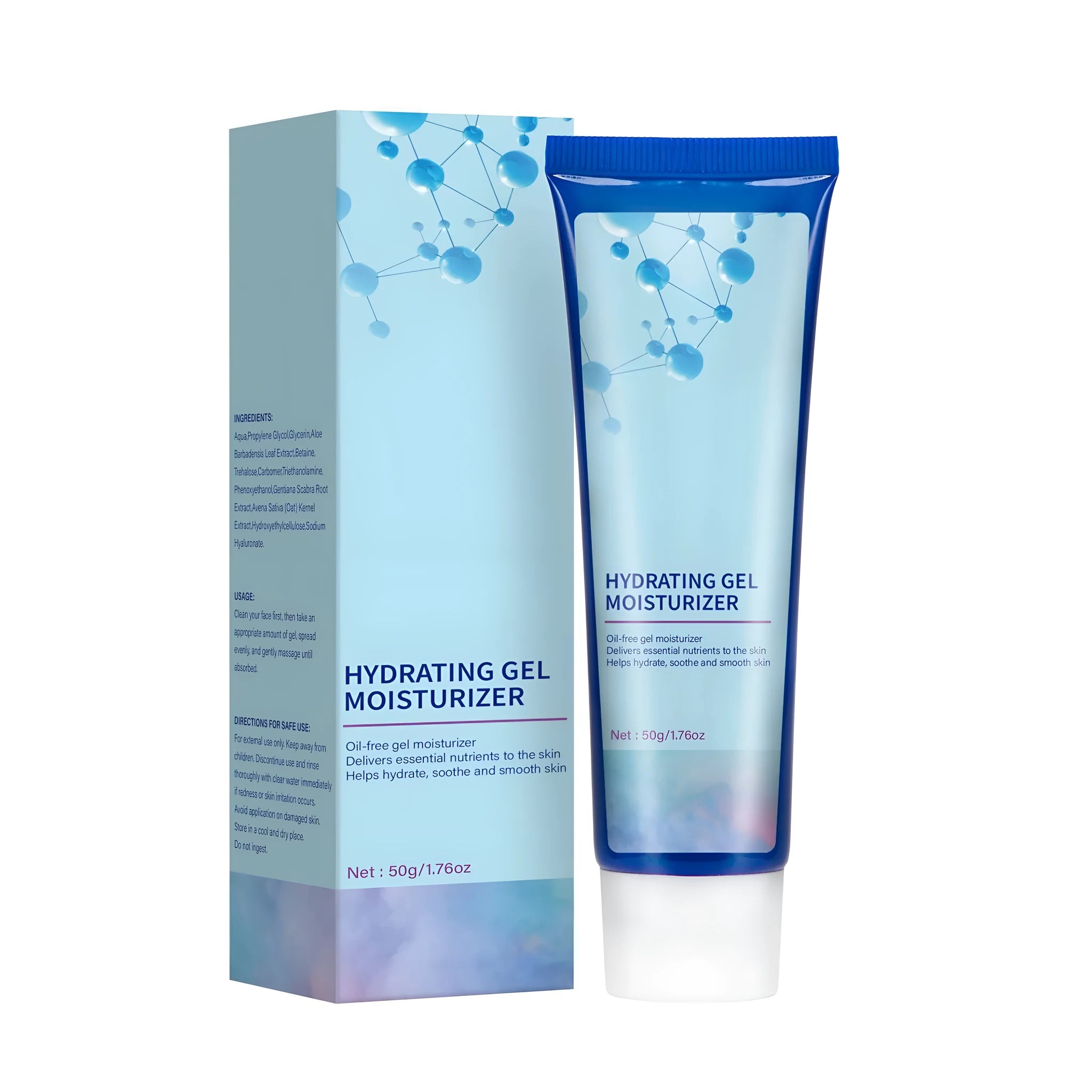 Electrolyte moisturising gel skincare product 50g net content in FPA032 style packaging