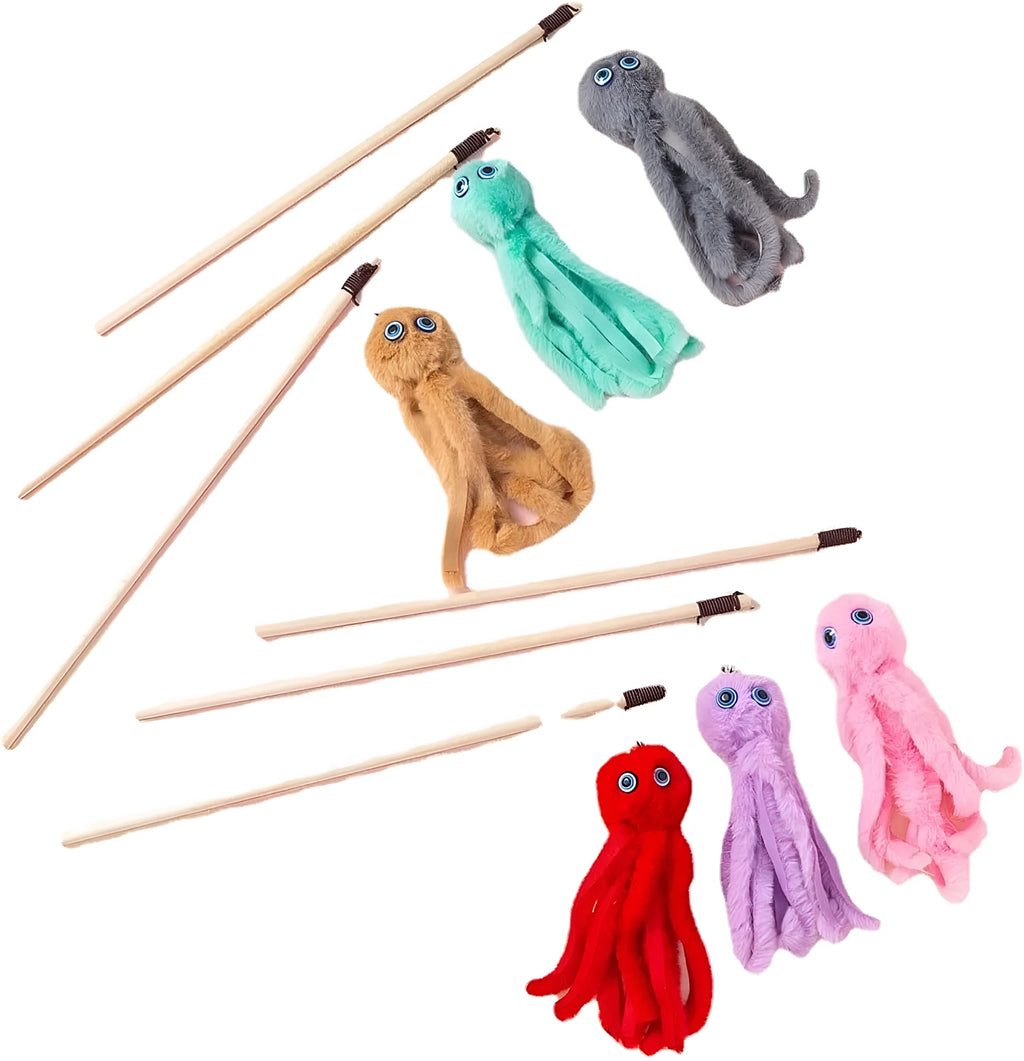 Colourful plush octopus cat toy attached to a long stick for interactive play.