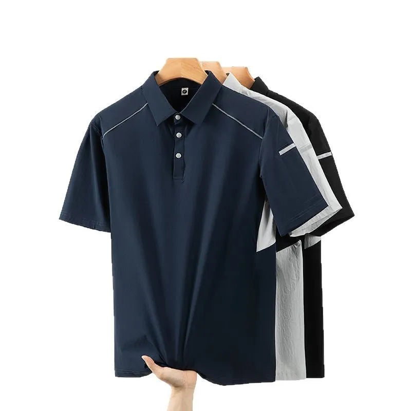 Men's solid colour short sleeve polo shirt in a lightweight fabric, shown in classic black, on a hanger.