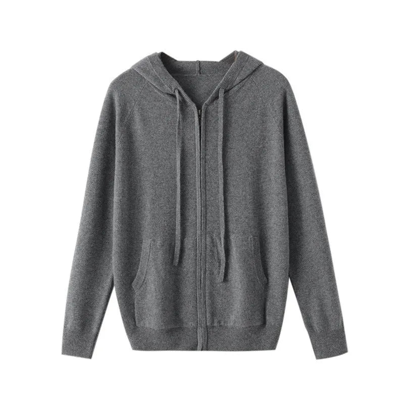 Men's hooded knitted cashmere cardigan with zipper front in solid colours for business casual wear