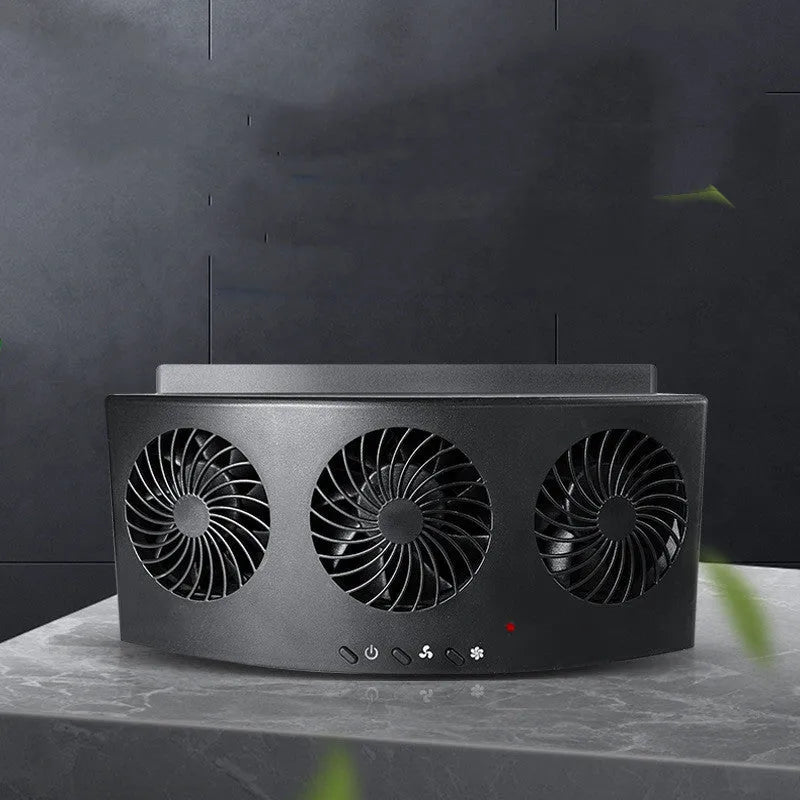 Black and white portable USB car ventilation fan for vehicle interior exhaust and heat dissipation