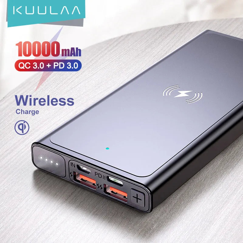 Black and blue aluminium alloy wireless power bank with 10000mAh capacity