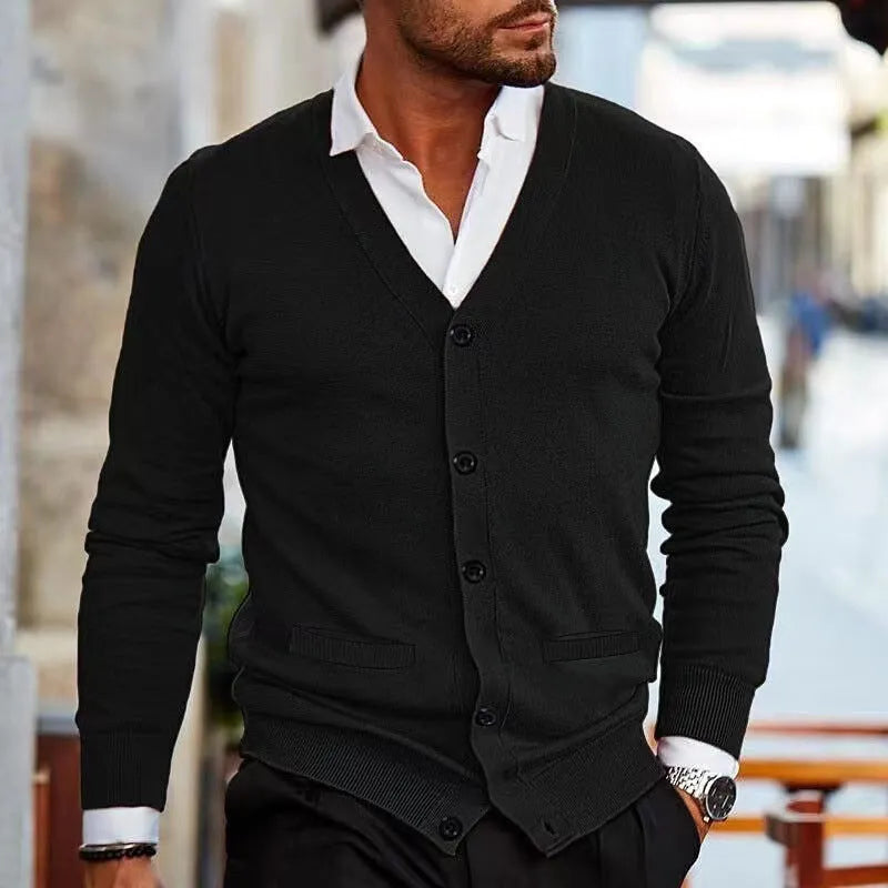 Men's slim fit acrylic cardigan sweater coat in dark grey colour showing long sleeve design and button front